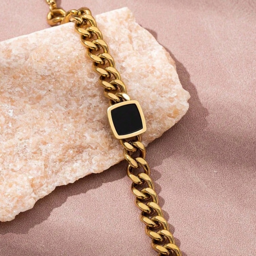 Women 18K Gold Plated Stainless Steel Black Epoxy Square Chain Bracelet Bangle